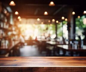 Fototapeta na wymiar Empty minimal wooden table space platform and blurry defocused restaurant interior