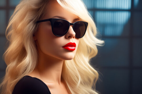 Woman with red lipstick and sunglasses on her face.