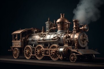 Fototapeta na wymiar Moving steam engine in steampunk style. Generative AI