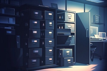 Data privacy illustration. Filled cabinet with files. Digital security. Generative AI