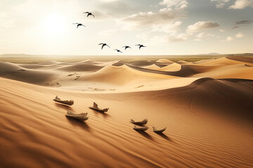 Fototapeta na wymiar Dolphins jumping and swimming in the sand dunes of desert, Generative AI