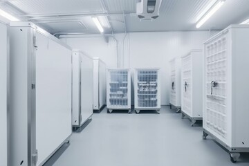 Warehouse freezer with boxes near refrigerated container and cooling system. Racks inside for refrigerated storage. Generative AI - obrazy, fototapety, plakaty