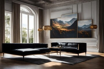 luxury sofa of black colors with white background, on the wall beautiful painting, landscape view...