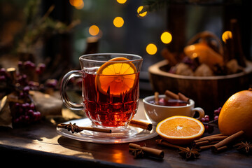 A glass of christmas Mulled wine with aromatic oranges and spices on wooden background. Christmas spirit. Winter hot drink