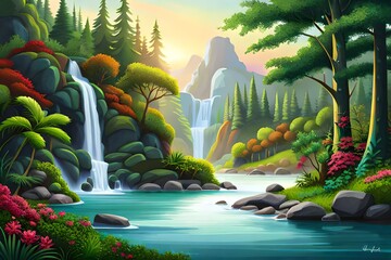 a lush jungle with towering trees and a cascading waterfall