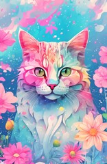 painting of a colorful cat with blue eyes psychedelic art made of flowers digital illustration color Generative AI