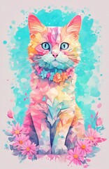 painting of a colorful cat with blue eyes psychedelic art made of flowers digital illustration color Generative AI