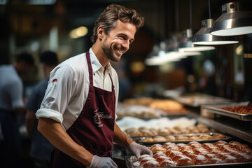 Young Caucasian man seller puts freshly baked goods in the baking department