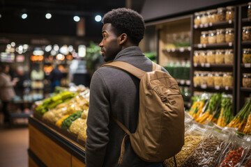 Fototapeta premium Attractive man in casual clothes looking at goodies in grocery store.