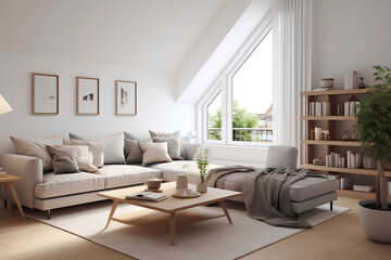 Fototapeta premium A living luxurary room of a beautiful bright modern Scandinavian style house, generative AI 