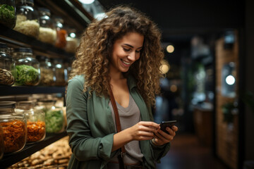 Caucasian female in grocery store, checking shopping list on phone
