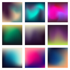 Set of 9 Beautiful bright tie dye vector gradient backgrounds for your social media. Trendy colourful wallpapers. Catchy gradient templates set.