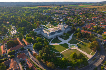 Aerial drone view of The Festetics Palace, Baroque palace located in the Keszthely, Zala, Hungary.