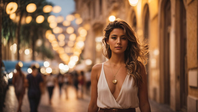 Fototapeta Bellissima donna italiana vestita elegante cammina nella strade di Roma la sera vicino ai negozi, luci della città.