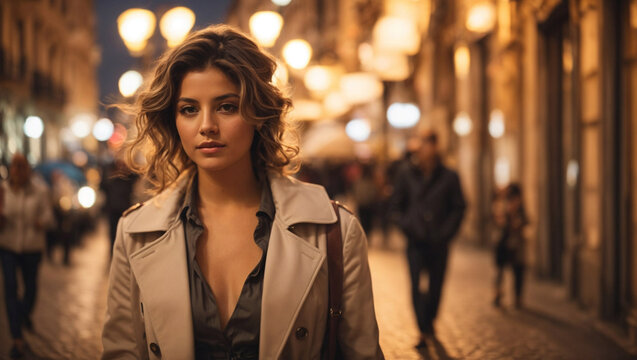 Bellissima donna italiana vestita elegante cammina nella strade di Roma la sera vicino ai negozi, luci della citt&agrave;.