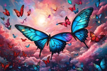  a surreal 3D dreamscape: Marvel as iridescent butterflies take flight, their wings sparkling with hues borrowed from the morning sun, painting the sky in ethereal strokes