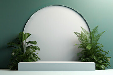 Product display podium scene mockup with natural leafs and plants, Promotion display, Minimal wall scene mockup product stage showcase