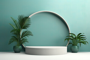 Product display podium scene mockup with natural leafs and plants, Promotion display, Minimal wall scene mockup product stage showcase