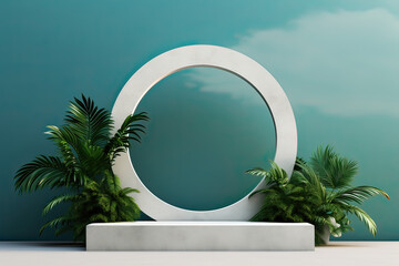 Product display podium scene mockup with natural leafs and plants, Promotion display, Minimal wall scene mockup product stage showcase