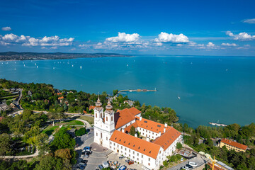 Naklejka premium Tihany, Hungary - Aerial panoramic view of the famous Benedictine Monastery of Tihany, Lake Balaton