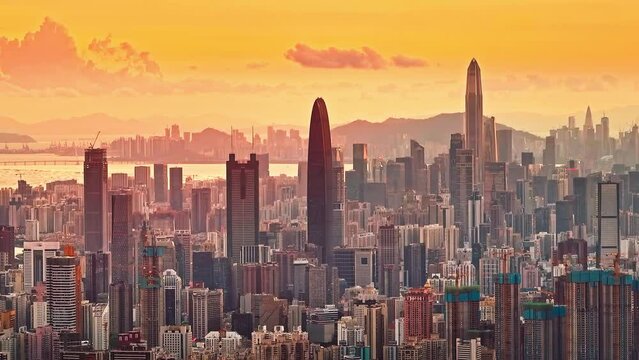 Aerial photography of Shenzhen city skyline at sunset. Creative video with ads and trademarks removed