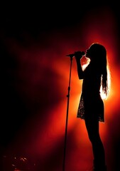 Silhouette of a girl singing on a stage. bright stage lights from the side, copy space