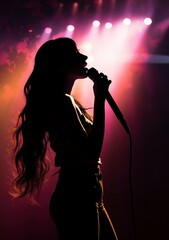 woman silhouette from the side singing at stage with red lights and smoke