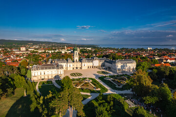 Aerial drone view of The Festetics Palace, Baroque palace located in the Keszthely, Zala, Hungary.