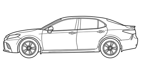 Classic business luxary class sedan car. 4 door car on white background. Side view shot. Outline doodle vector illustration	
