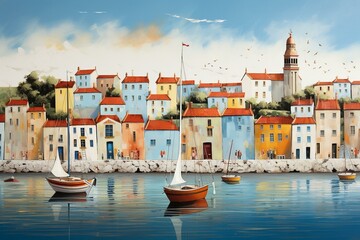 A quaint seaside town with whimsical houses and boats, capturing the essence of a nostalgic European summer. Generative AI