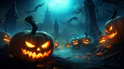 Jack O' Lanterns glowing in a fantastic night in a futuristic style. Halloween background