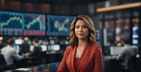 Business Newscaster with Stock Market Graphs in Background - obrazy, fototapety, plakaty