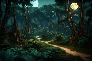 Fototapeta na wymiar the moon light crossed the trees, on the way in jungle
