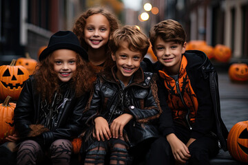 grupo de niños rodeados de calabazas disfrutando de la fiesta de halloween en calle con fondo desenfocado, concepto halloween - obrazy, fototapety, plakaty