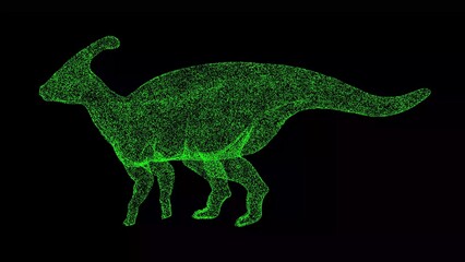 3D dinosaur Parasaurolophus on black background. Object made of shimmering particles. Wild animals concept. For title, text, presentation. 3d animation.