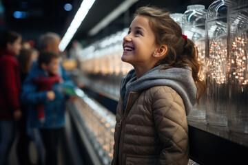 Fototapeta premium Little girl child in grocery department of supermarket
