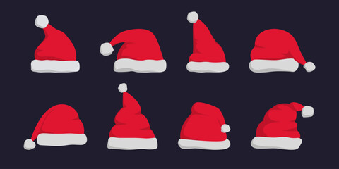 Santa Claus hat icons in cartoon style. Christmas Santa cap collection. Cartoon red Santa Claus hat. Winter holiday caps