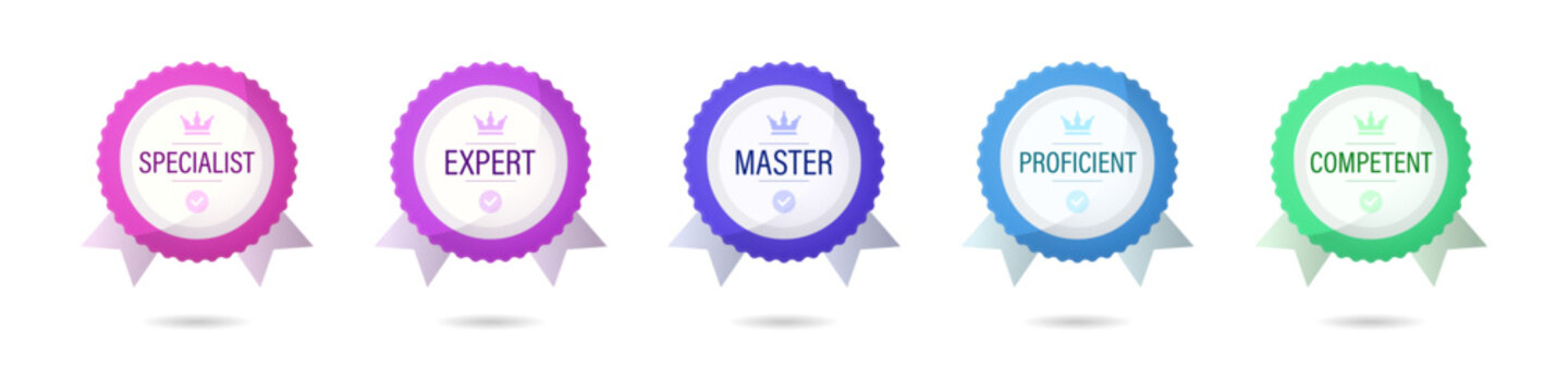 Specialist level badge medal. Specialist, expert, master, proficient, competent medal badges. Certified medal badge