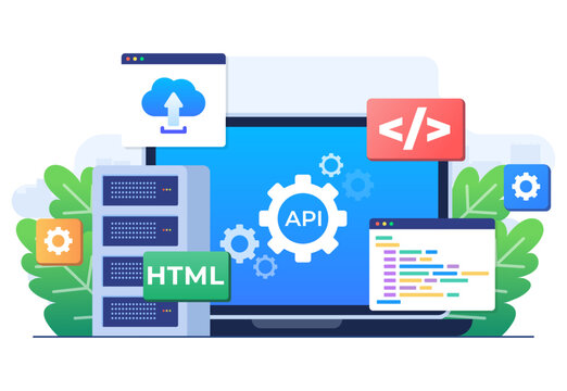Application Programming Interface concept, API provides the interface for communication between applications, Software development tool, Internet and networking, simplifying application integration 