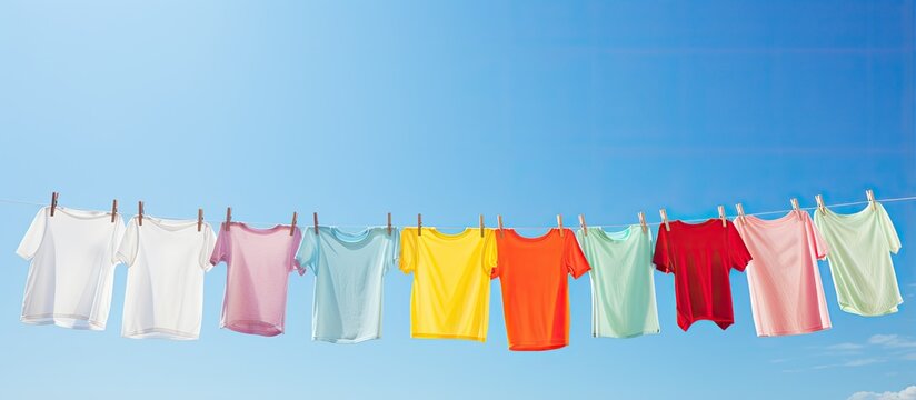 Sun and blue sky backdrop with T shirts on clothesline