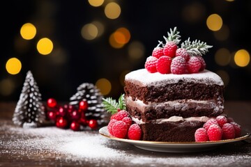 Fototapeta na wymiar Chocolate cake with raspberries and icing sugar on the Christmas background 