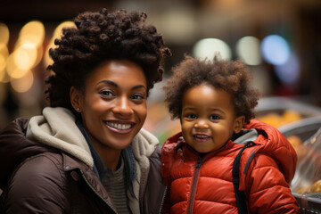 Family with mom and little daughter shopping in a grocery store