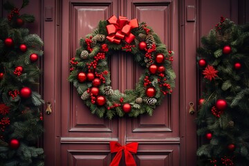 Fototapeta na wymiar Christmas wreath on the door of the house