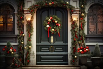 Fototapeta na wymiar Christmas wreath on the door of the house