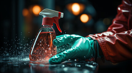 Hand with antibacterial spray bottle wearing gloves. - obrazy, fototapety, plakaty