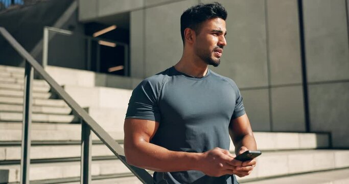 Relax, man and a phone for city fitness, communication or an app for exercise. Technology, sports and an athlete or male runner on a break with a mobile for a chat or reading training schedule