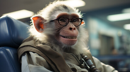 Monkey in dental chair at clinic.