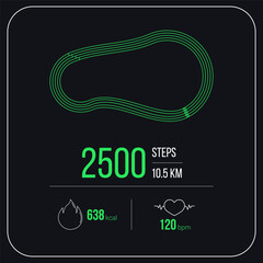 Running exercise workout infographic dashboard. Race track social media feed template. Editable heart rate and burning fat values in sport process. Square black- green, vector design.