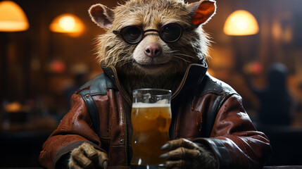 Pig drinking beer in a bar. - obrazy, fototapety, plakaty