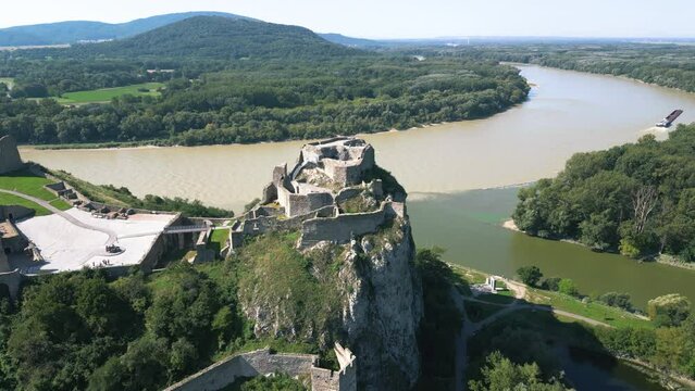 Aerial view of Dev&iacute;n Castle near Bratislava Slovakia overlooking the Danube and Morava rivers